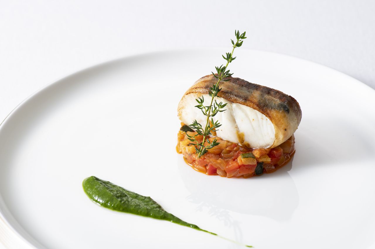 HIGASHIYAMA LUNCH [Opening Celebration / Pan-seared sea bass with karasumi (cured mullet roe), mini ratatouille, and Mibu greens coulis]