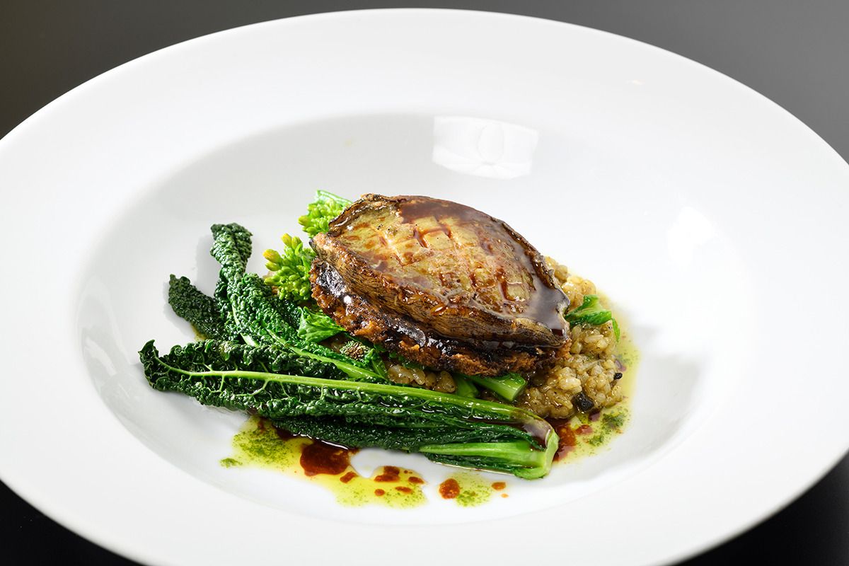 Live abalone steak and liver risotto