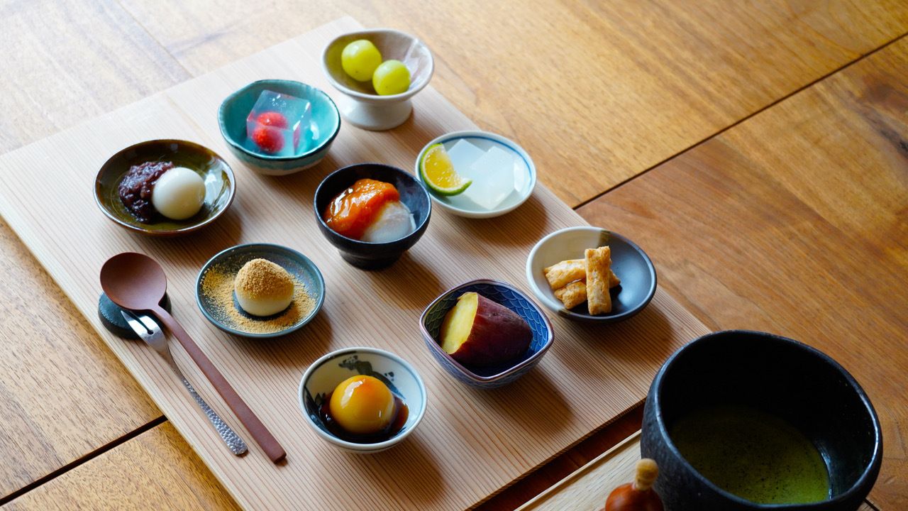 Mitsuya small plate set meal with 9 kinds of dishes and matcha