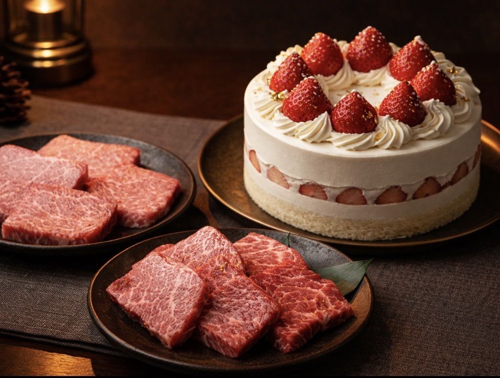 〈記念日コース〉雲丹ユッケ、贅沢焼肉からホールケーキ付です。