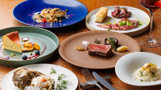 [Wood-fired Premium Course] A 6-course meal including aged Japanese Black Wagyu beef and dessert, priced at 9,000 yen.