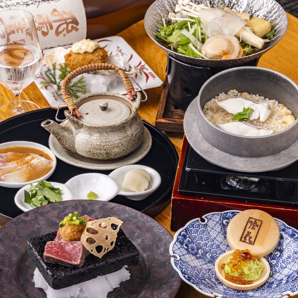 7月1日～【季節の贅沢ランチ】『旬魚の黄金だし小鍋と産直牡蠣フライ』＆『厳選国産牛の石焼きステーキと鯛めし ひつまぶし』 平日特別価格2,190円