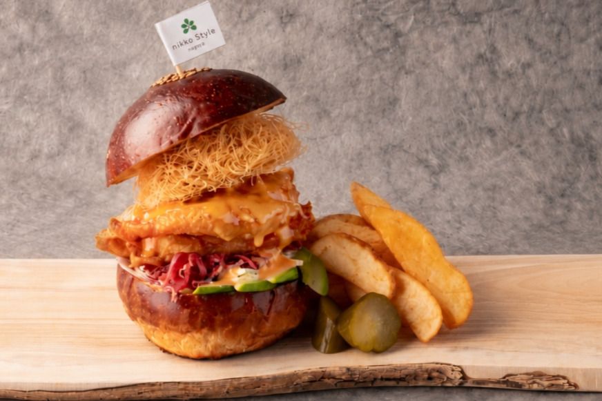 Plump shrimp burger sandwiched in kataifi