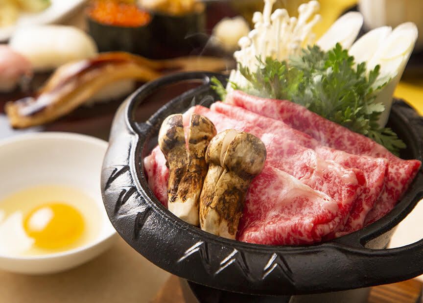 Kobe beef, matsutake mushroom suki hot pot sushi kaiseki