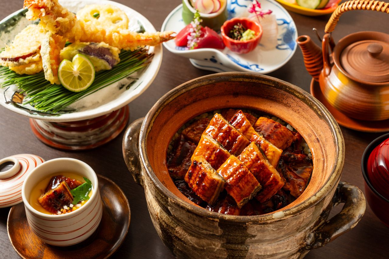 ≪ランチ≫WEB予約限定【鰻うなぎ御膳】お造りや天婦羅、茶碗蒸し、そして国産鰻の土鍋御飯がついた特別ランチ