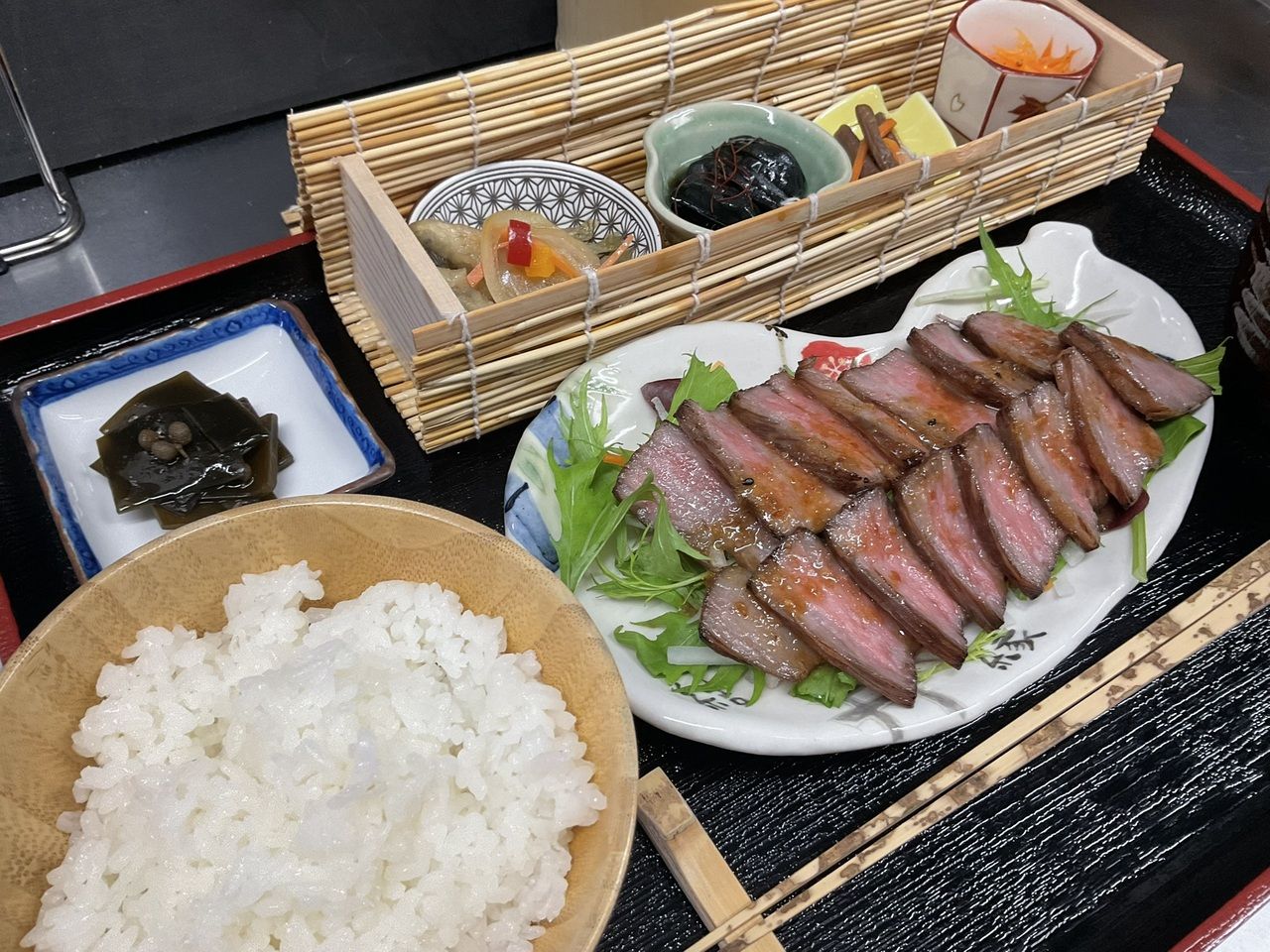 10-day aged Japanese Black Beef Steak Set (includes side dishes, salad, and red miso soup)