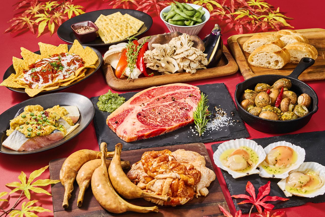 秋の味覚コース♪黒毛和牛＆鮭の味噌焼きが堪能できるプレミアムBBQプラン　11品　9,300円(税込)　 2時間飲み放題付