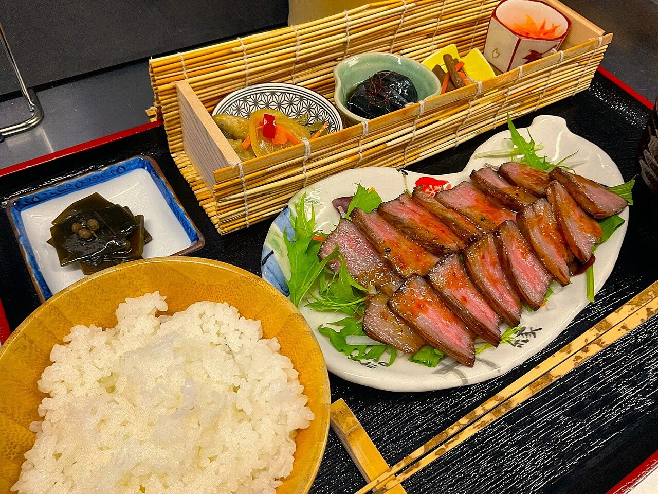 10-day aged Japanese Black Beef Steak Set (includes side dishes, salad, and red miso soup)