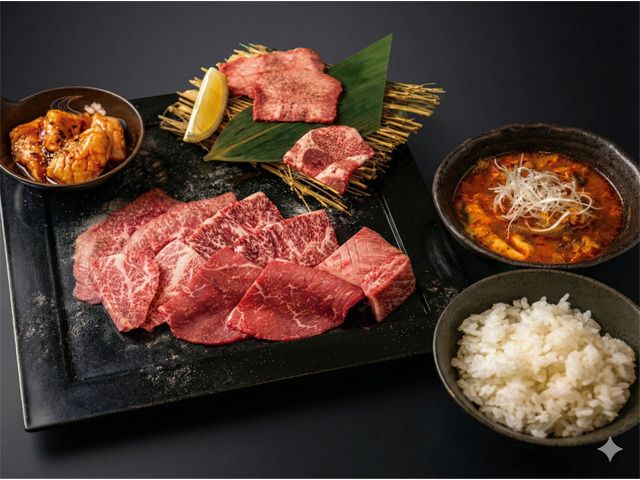 Speziell ausgewähltes japanisches Yakiniku-Mittagessen mit schwarzem Rindfleisch und Innereien