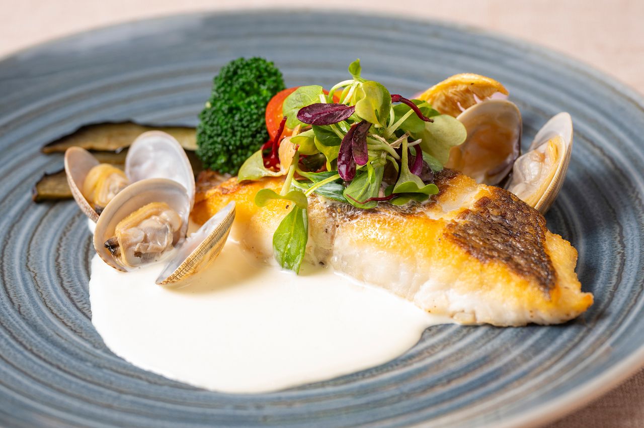 Pan-seared sea bream with fresh vegetables, salad, soup, and other dishes (4 courses in total)