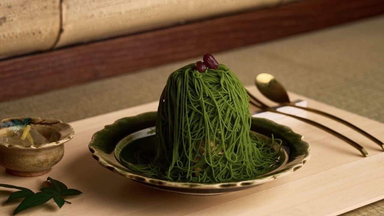Mont Blanc al matcha con castagne tostate e torta – con bevanda