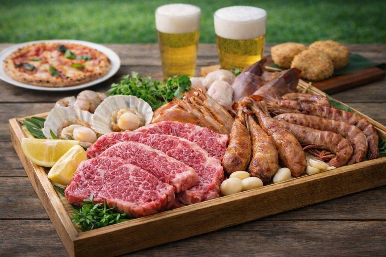 A5 rank Miyazaki beef and luxurious seafood BBQ + 90 minutes all-you-can-drink soft drinks