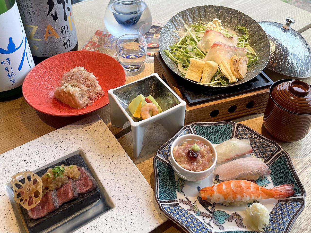 1st Anniversary Celebration! [Gourmet Lunch] "Seasonal Fish Golden Broth Mini Hot Pot with Toro-Taku Mini Rice Bowl & Edomae Sushi" "Our Specialty! Deep-Fried Radish Tempura & Domestic Beef Stone-Grilled Steak" Weekday Special Price: 2,500 yen