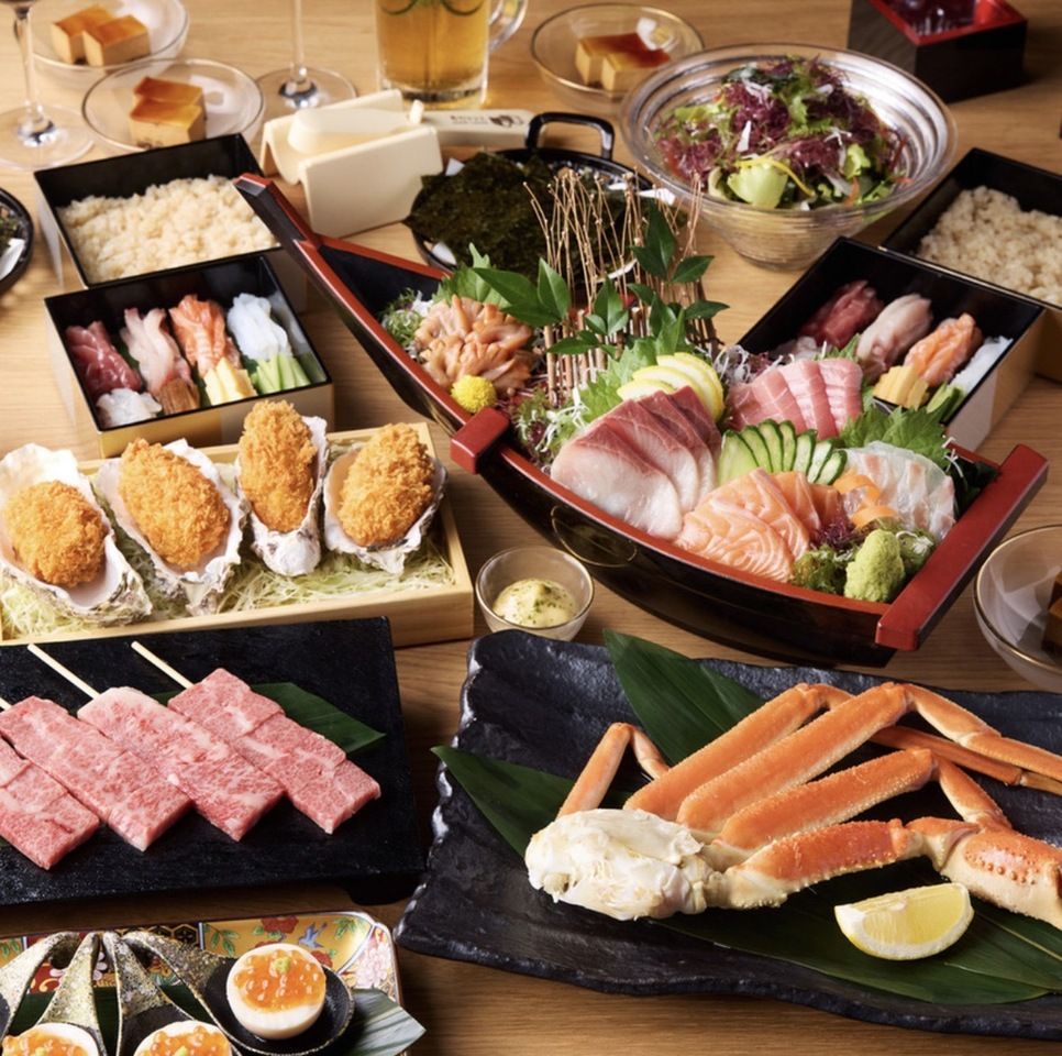[Snow crab × A5 Wagyu beef × Abundant seafood platter] ‘Amajou Luxury & Splendid Course’: 5 kinds of fresh fish & seafood hand rolls – a total of 9 dishes + 3-hour all-you-can-drink. Regular price: 9,000 yen → Now only 8,000 yen
